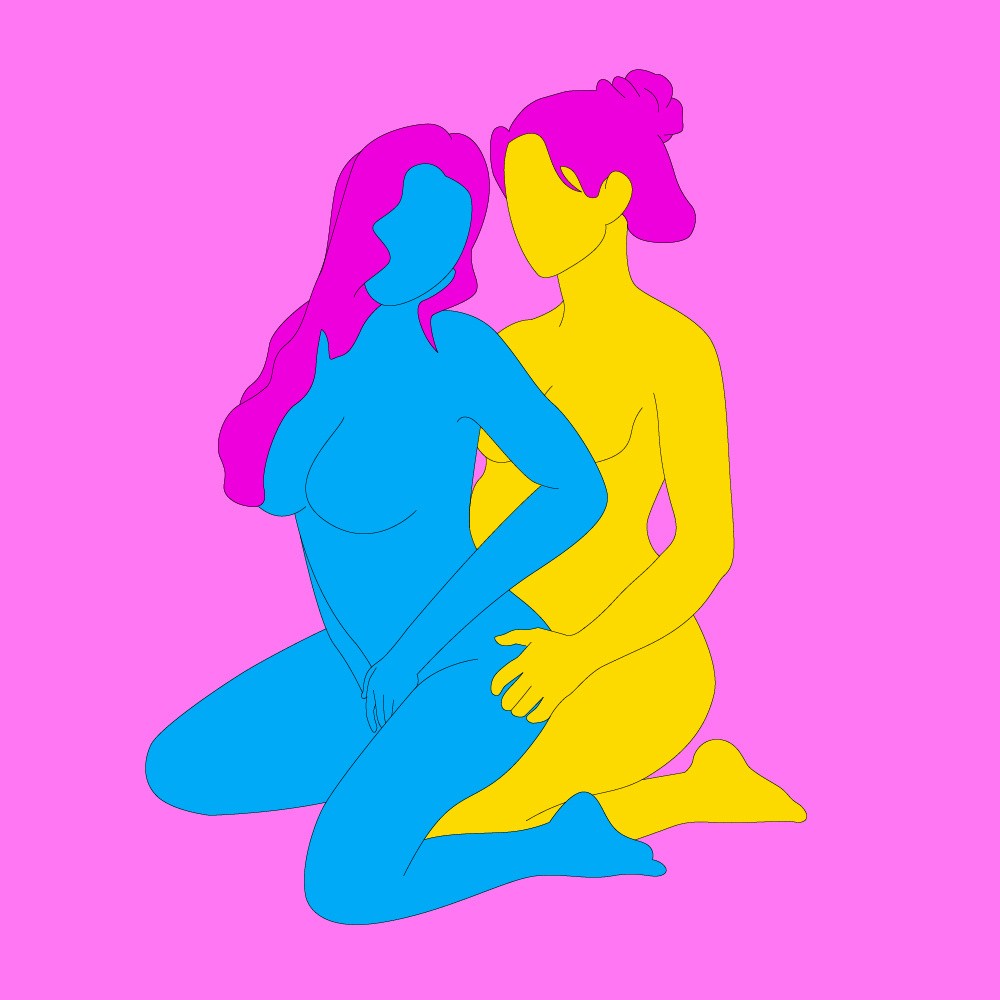 A naked illustrated couple; one is seated in the other's lap; both are kneeling, facing the same way